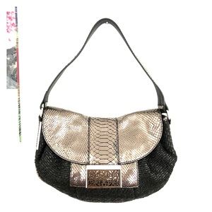 CK Metallic snakeskin and woven shoulder bag.